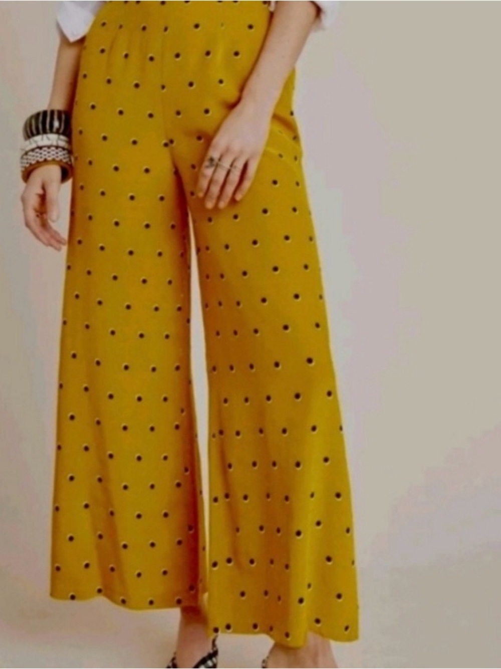 Anthropologie Mustard Yellow Wide-Leg Polka Dot Pants